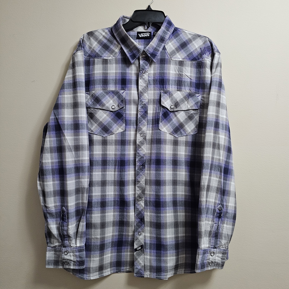Vans Off The Wall Men's XXL Pearl Snap Western Plaid Flannel Shirt - Purple/Gray